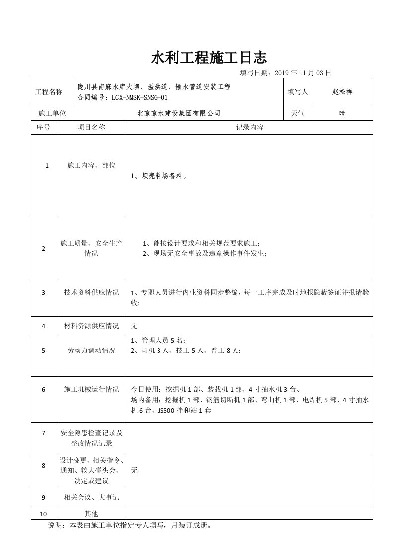 水利工程施工日志