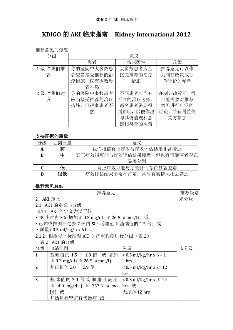 KDIGO的AKI临床指南