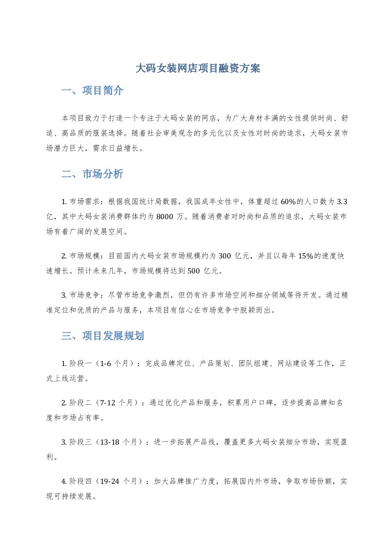 大码女装网店项目融资方案