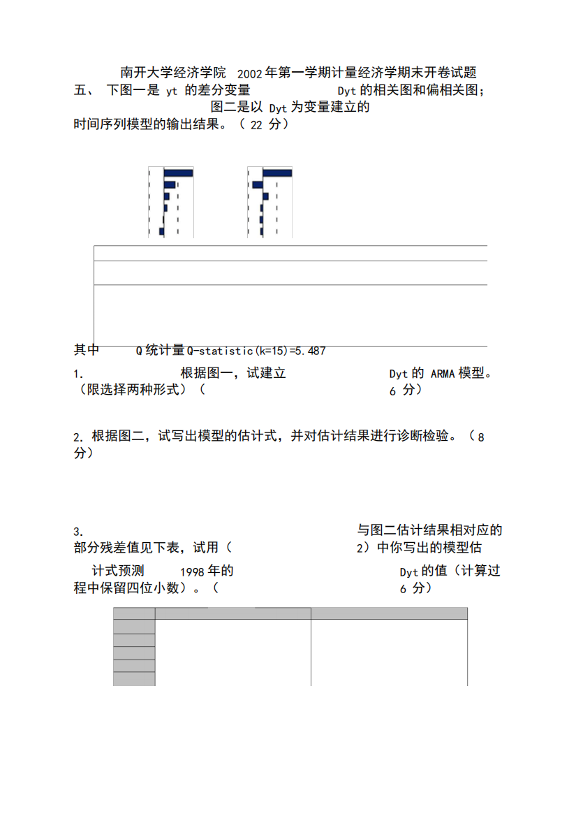 南开大学时间序列分析往年期末试题考题