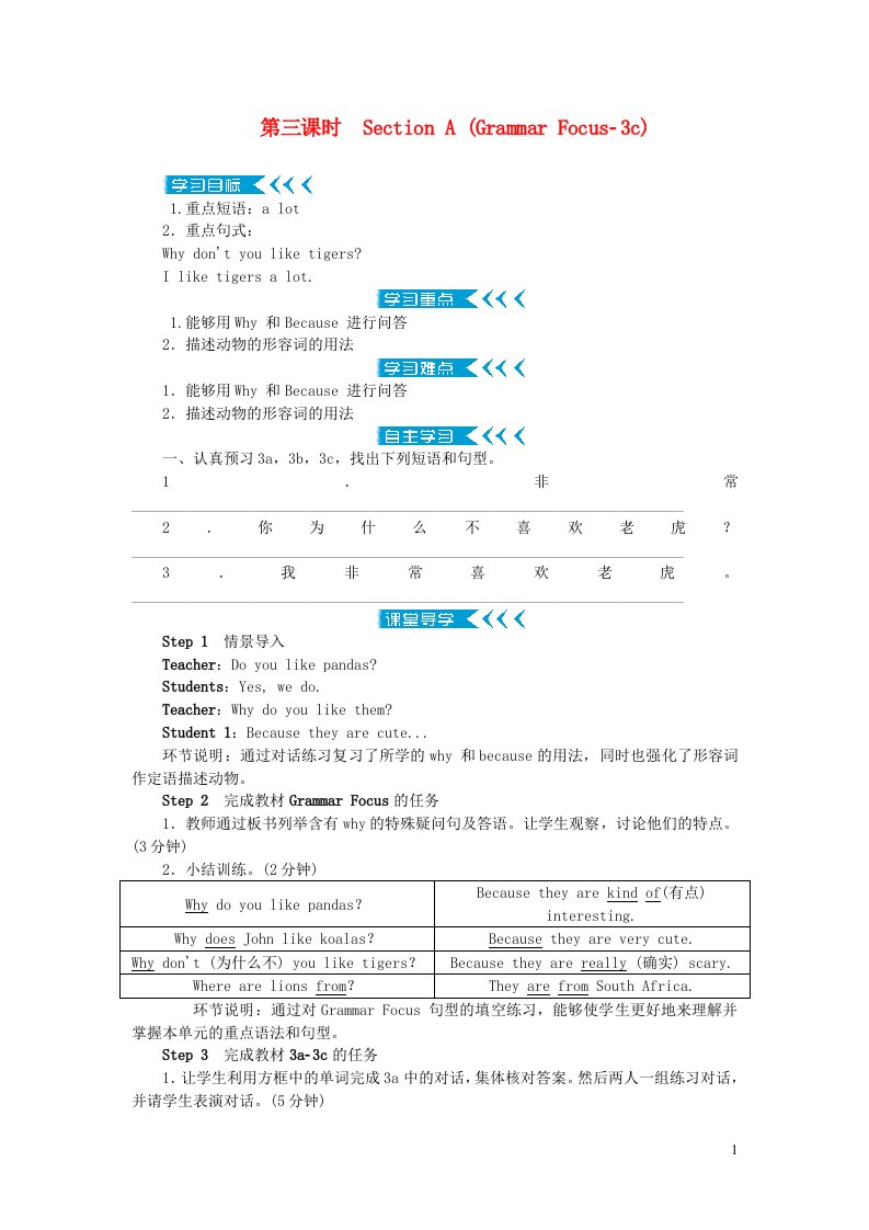 七年级英语下册Unit5Whydoyoulikepandas第三课时SectionAGrammarFocus_3c学案新版人教新目标版