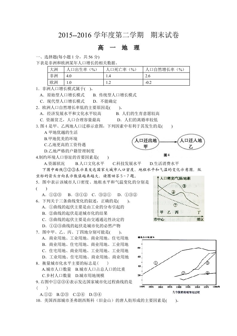 2015-2016学年度第二学期高一地理必修二期末试卷