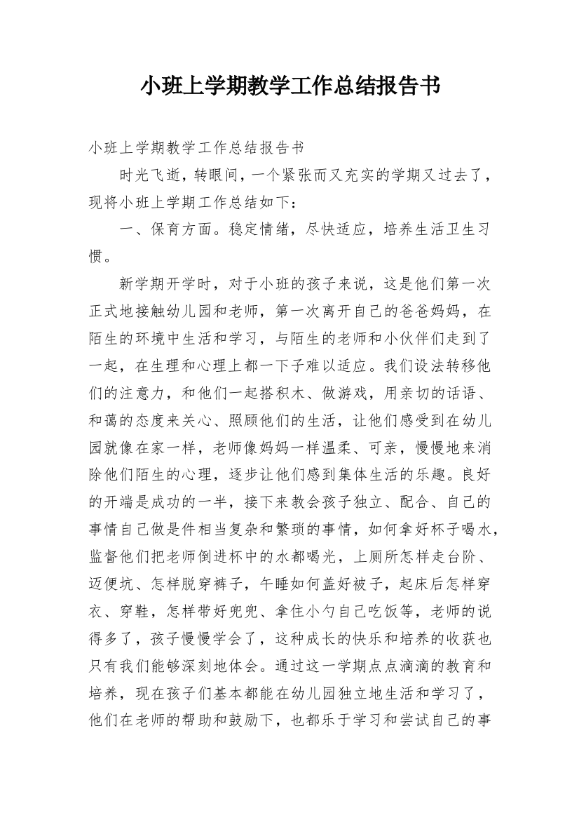 小班上学期教学工作总结报告书