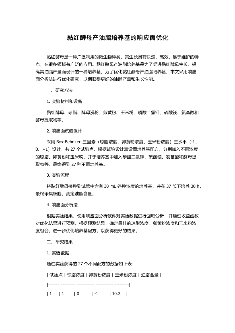 黏红酵母产油脂培养基的响应面优化