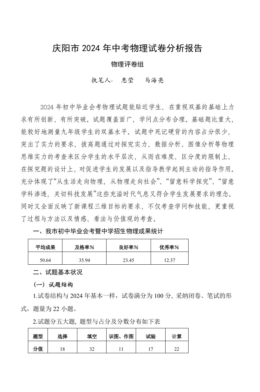 2024年初中毕业会考暨高中招生物理试卷分析