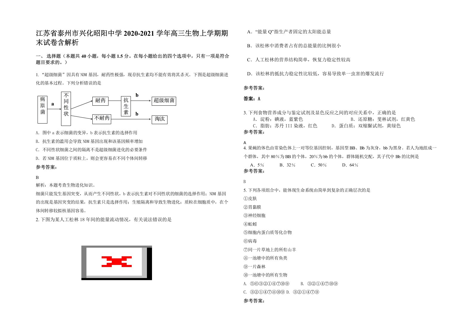 江苏省泰州市兴化昭阳中学2020-2021学年高三生物上学期期末试卷含解析