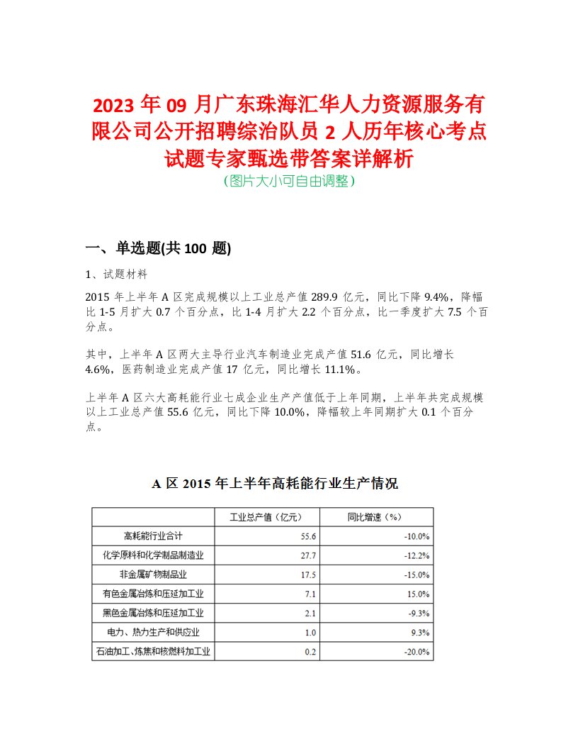 2023年09月广东珠海汇华人力资源服务有限公司公开招聘综治队员2人历年核心考点试题专家甄选带答案详解析