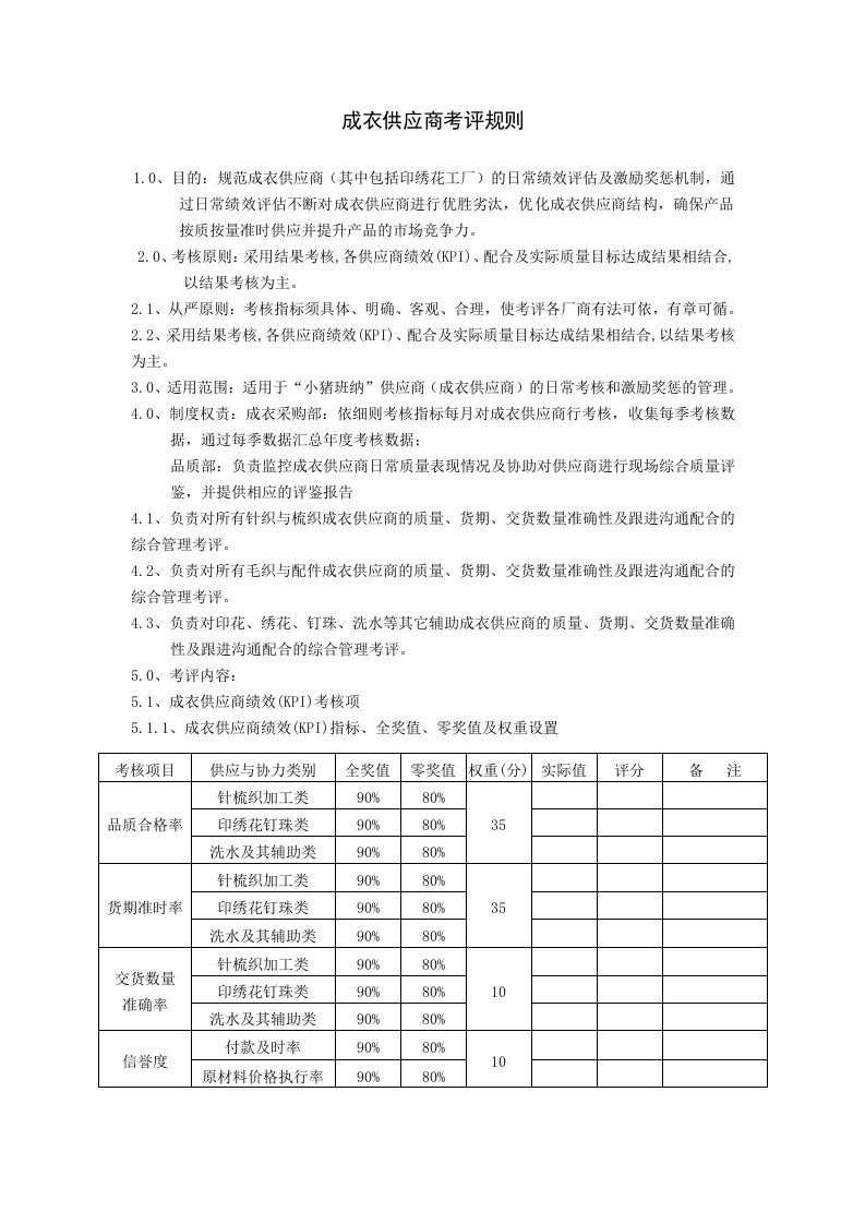 服饰有限公司成衣供应商考评规则