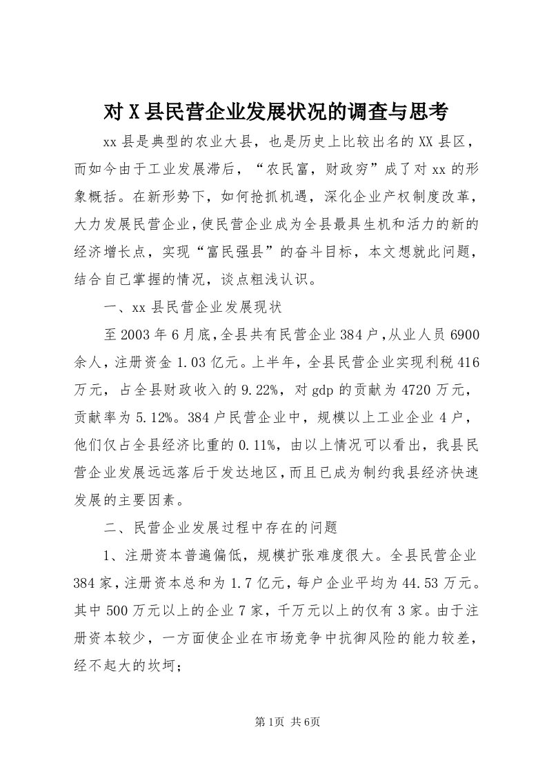 对X县民营企业发展状况的调查与思考