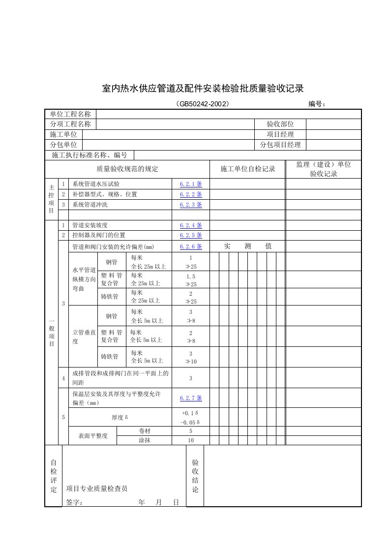 【管理精品】室内热水供应管道及配件安装检验批质量验收记录