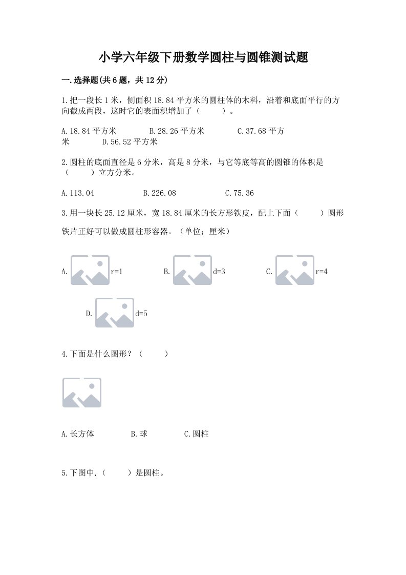 小学六年级下册数学圆柱与圆锥测试题完整