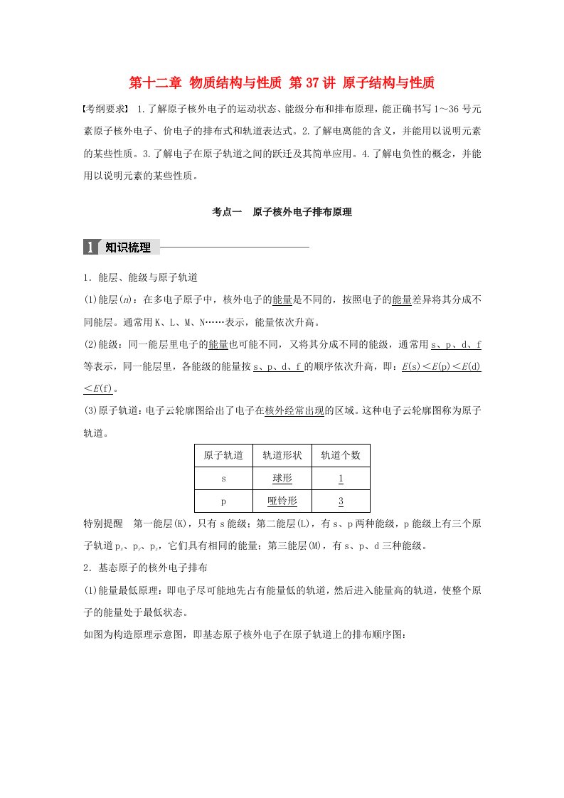 高考化学大一轮学考复习考点突破第十二章物质结构与性质第37讲原子结构与性质检测新人教版