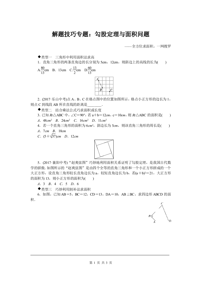 八年级数学下册解题技巧专题：勾股定理与面积问题