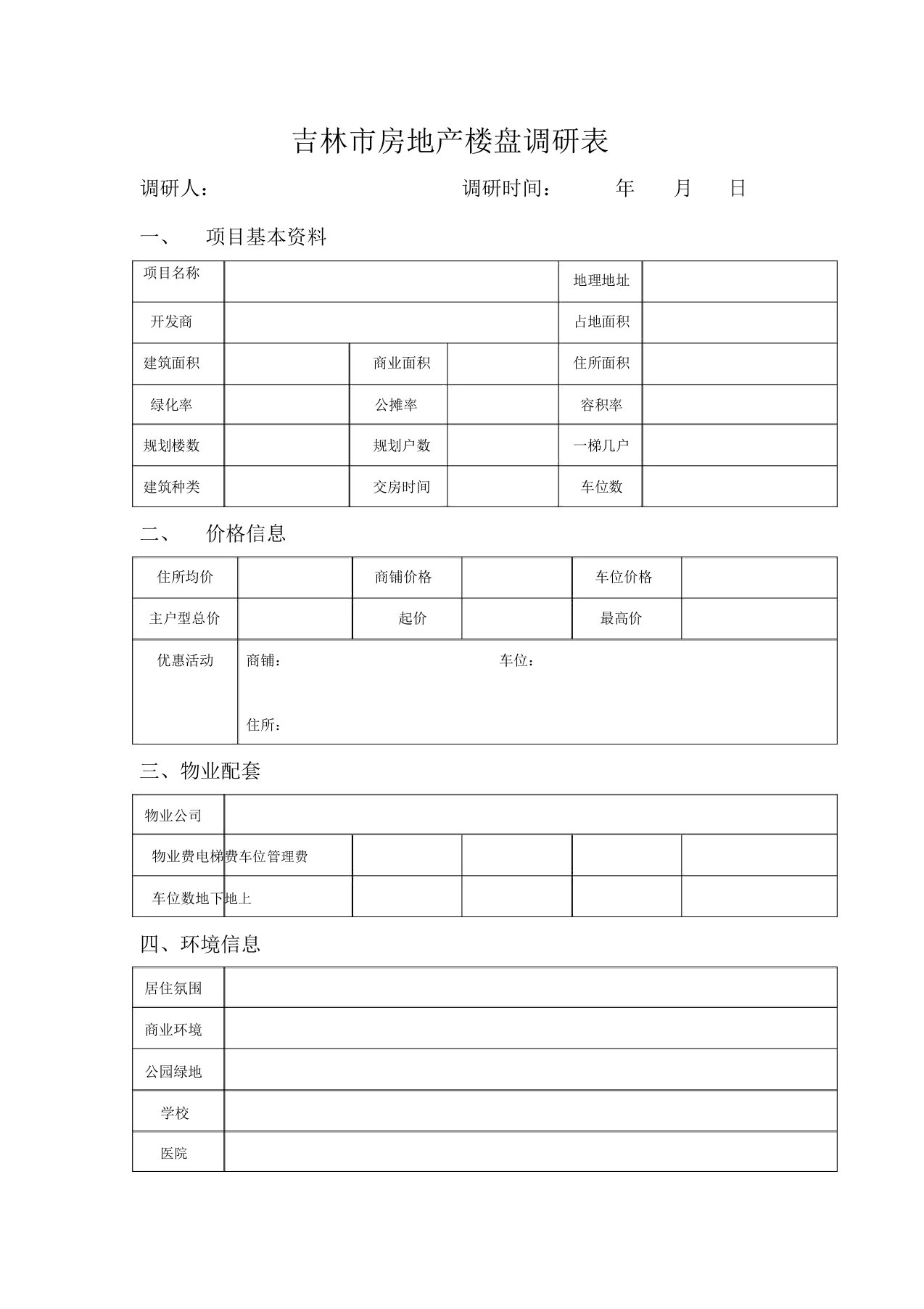 房地产行业楼盘调研标准表格