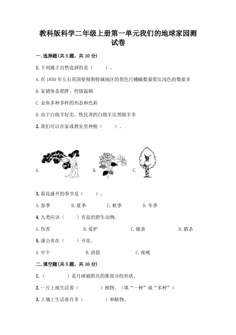 教科版科学二年级上册第一单元我们的地球家园测试卷含完整答案(夺冠)