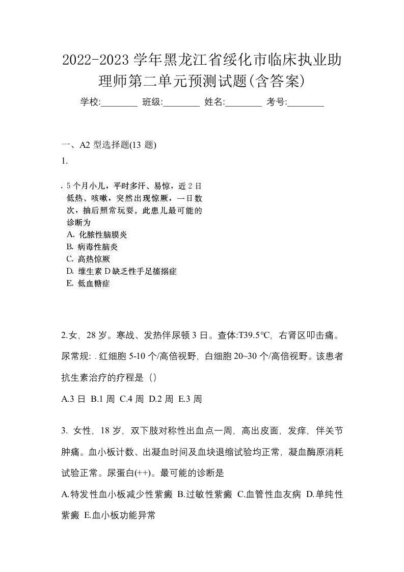 2022-2023学年黑龙江省绥化市临床执业助理师第二单元预测试题含答案