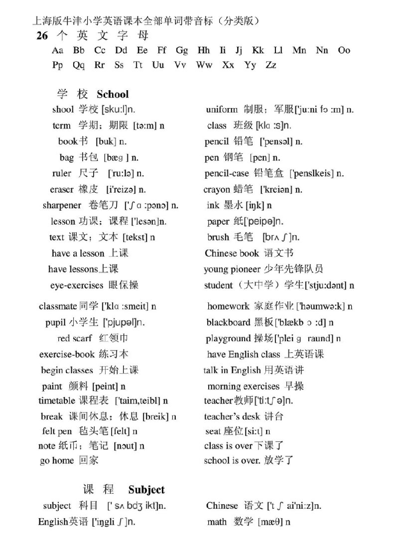 上海版牛津小学英语课本全部单词带音标分类版