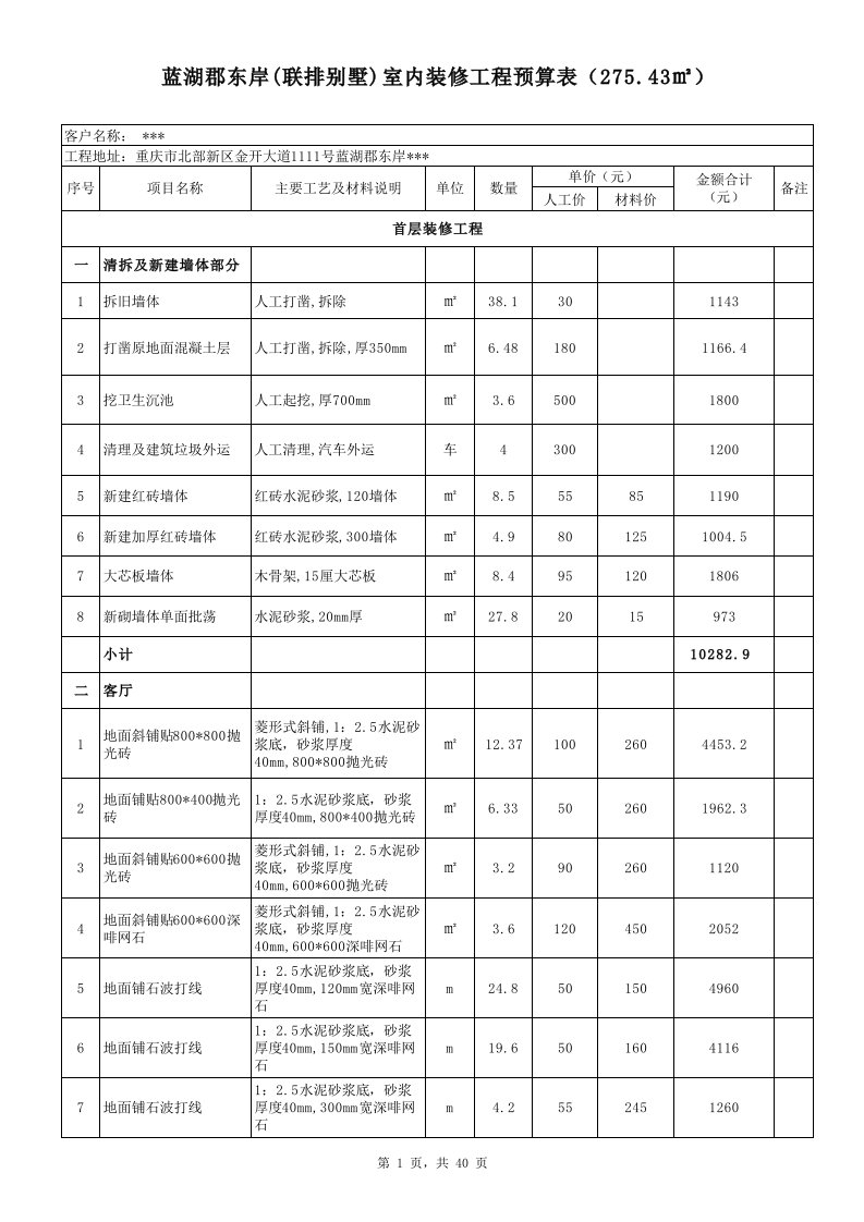 别墅装修预算表格