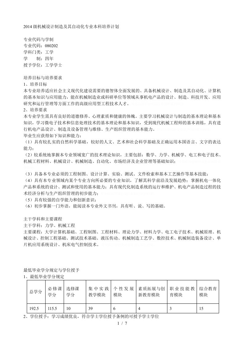 级机械设计制造及其自动化专业本科培养计划