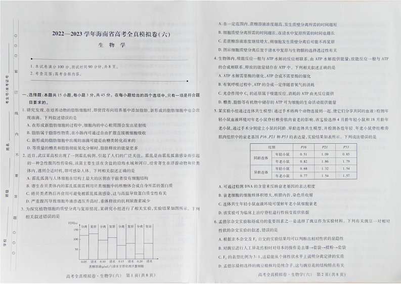 海南省2022-2023学年高三年级下册高考全真模拟（六）生物试题含答案