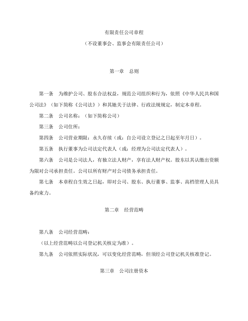 有限责任公司章程不设董事会监事会样本