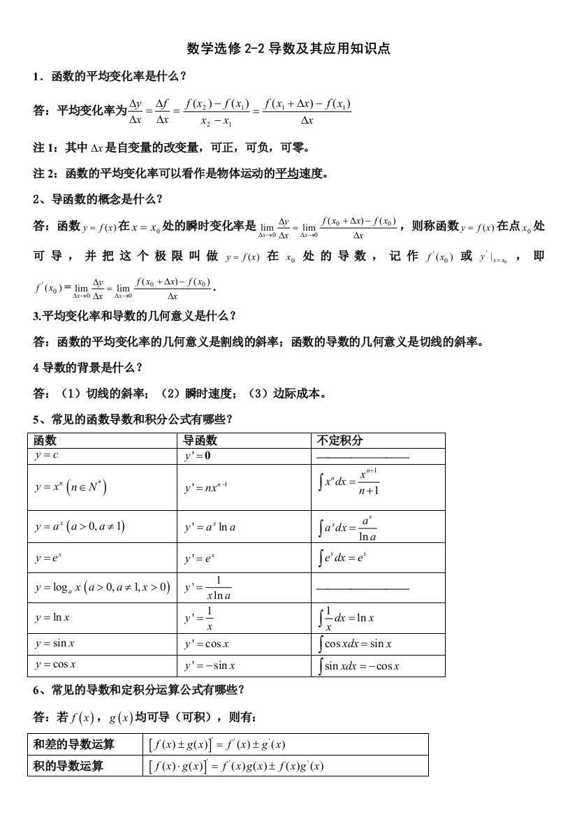 2023年高中数学人教版选修知识点总结