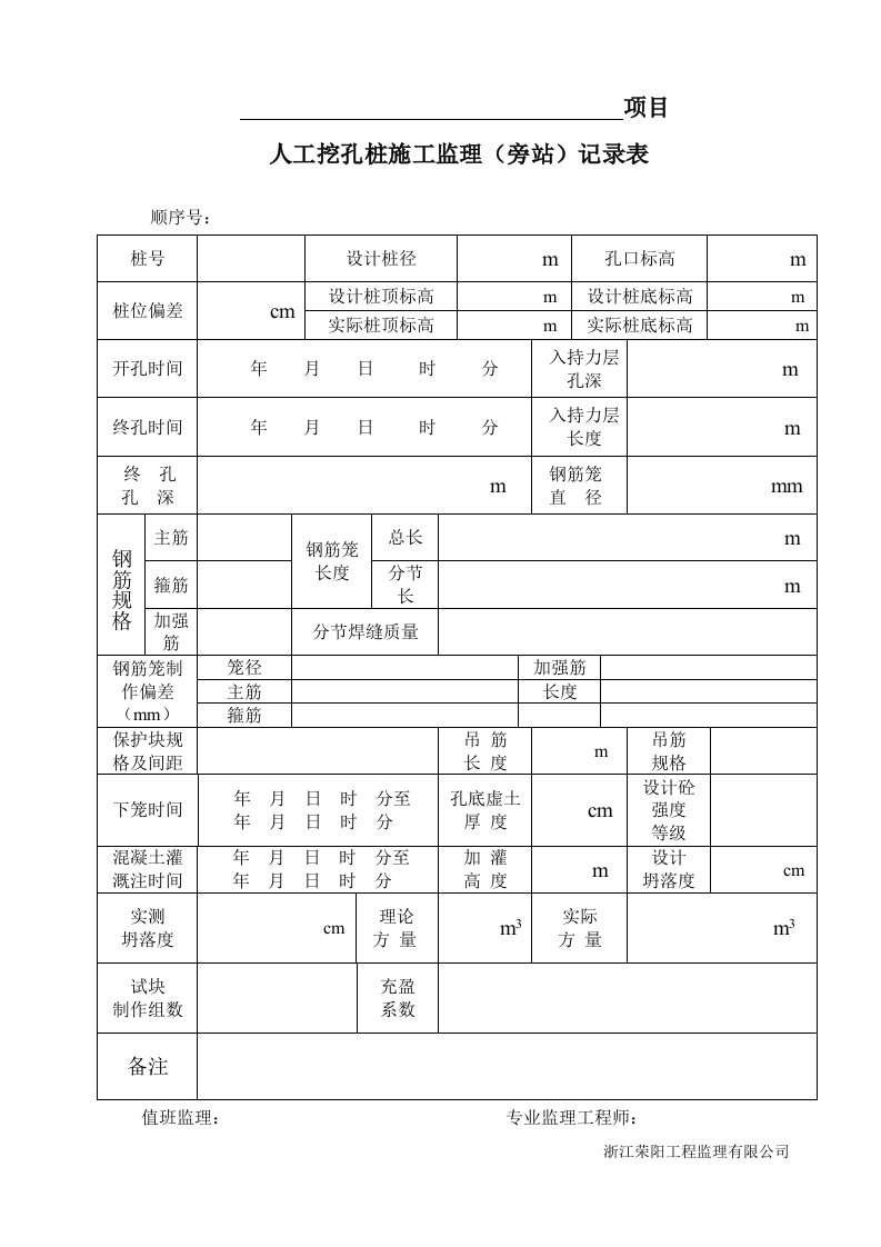 人工挖孔桩施工监理(旁站)记录表