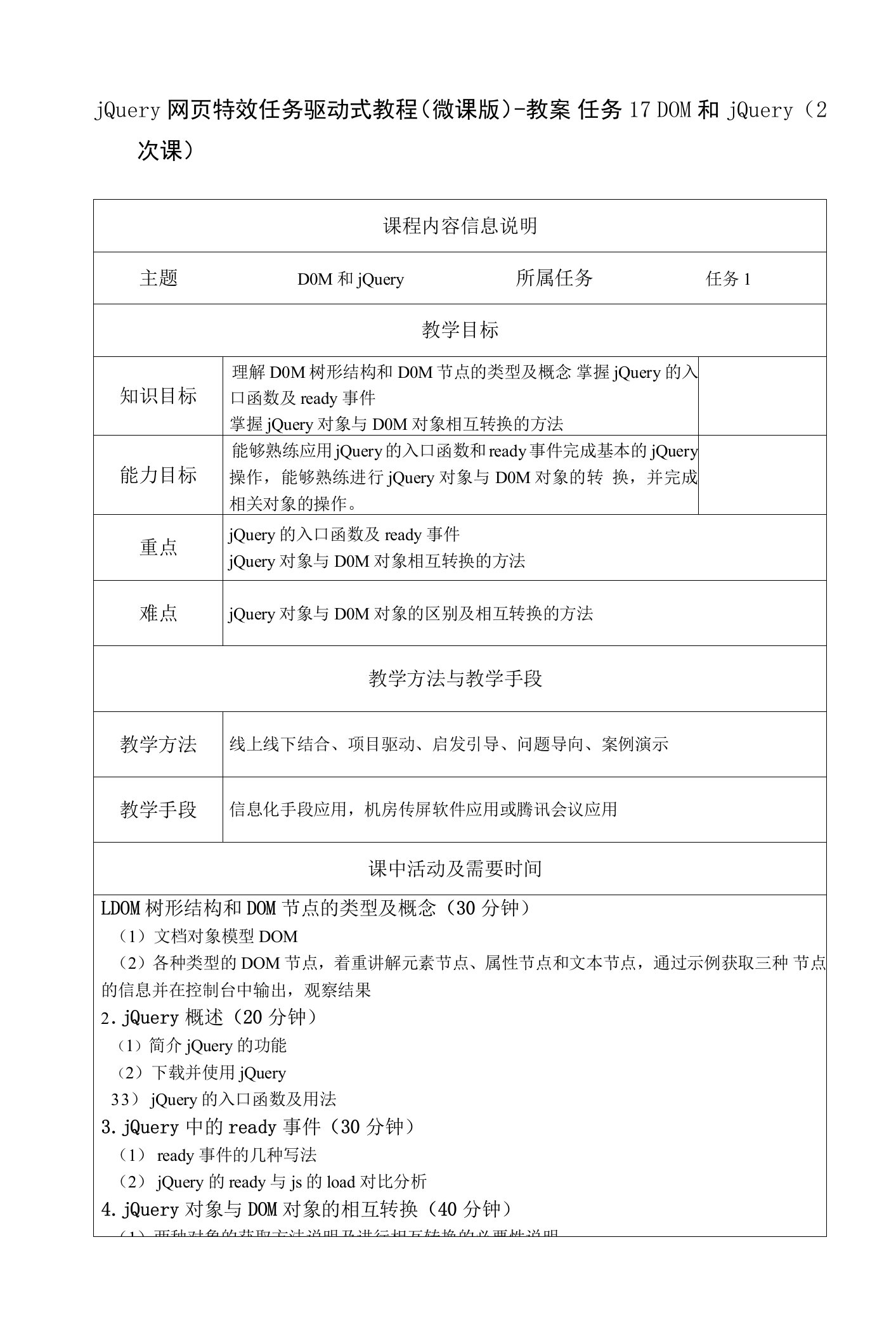 jQuery网页特效任务驱动式教程（微课版）-教案全套