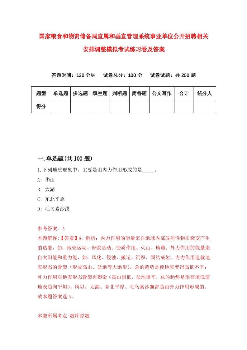 国家粮食和物资储备局直属和垂直管理系统事业单位公开招聘相关安排调整模拟考试练习卷及答案第0期