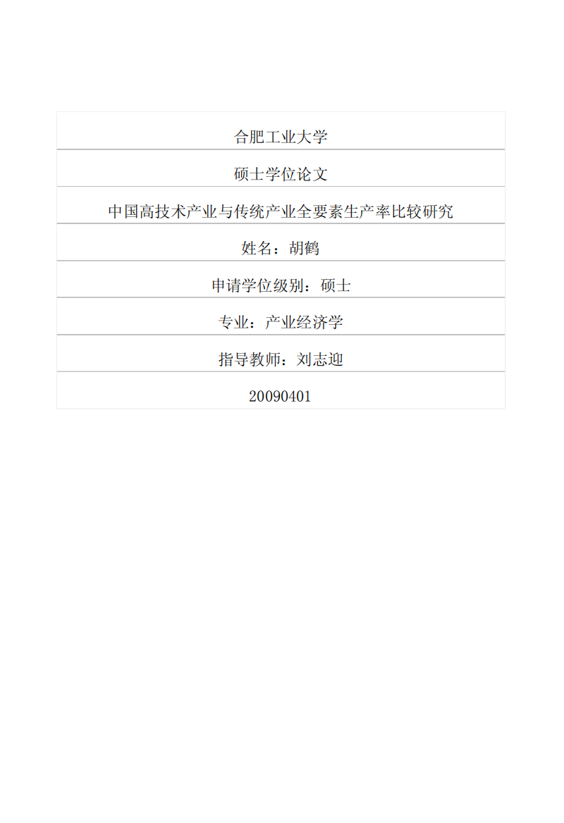 硕士论文-中国高技术产业与传统产业全要素生产率比较研究