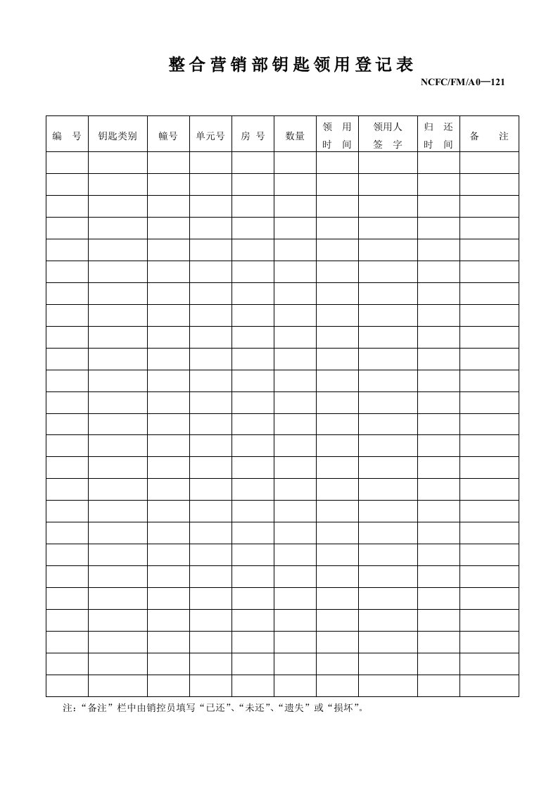 部门钥匙领用登记表