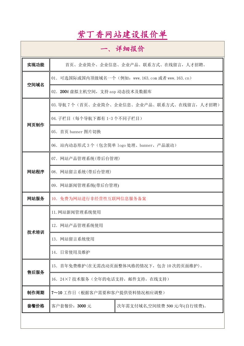 网站建设报价单