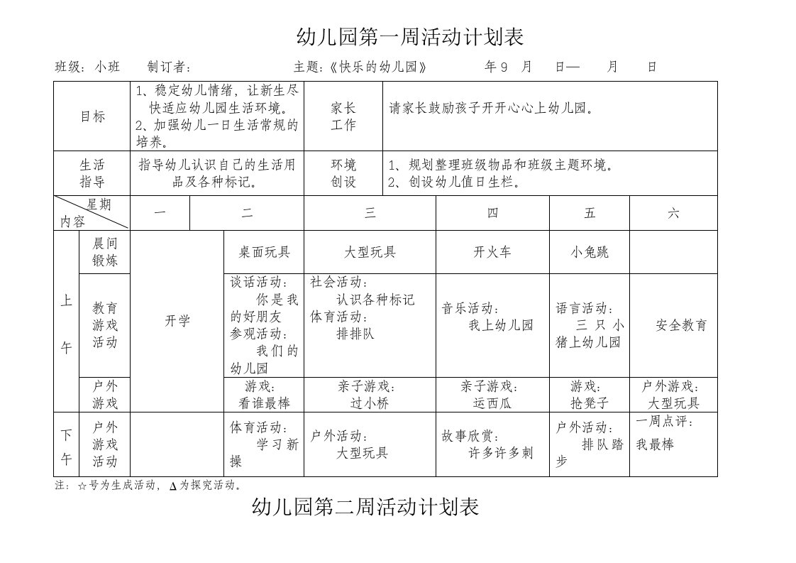 南湖幼儿园小班周活动计划表