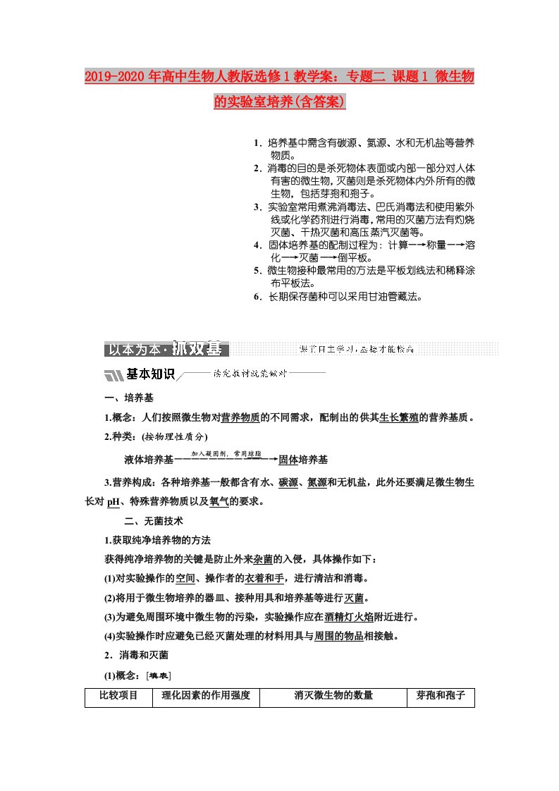 2019-2020年高中生物人教版选修1教学案：专题二