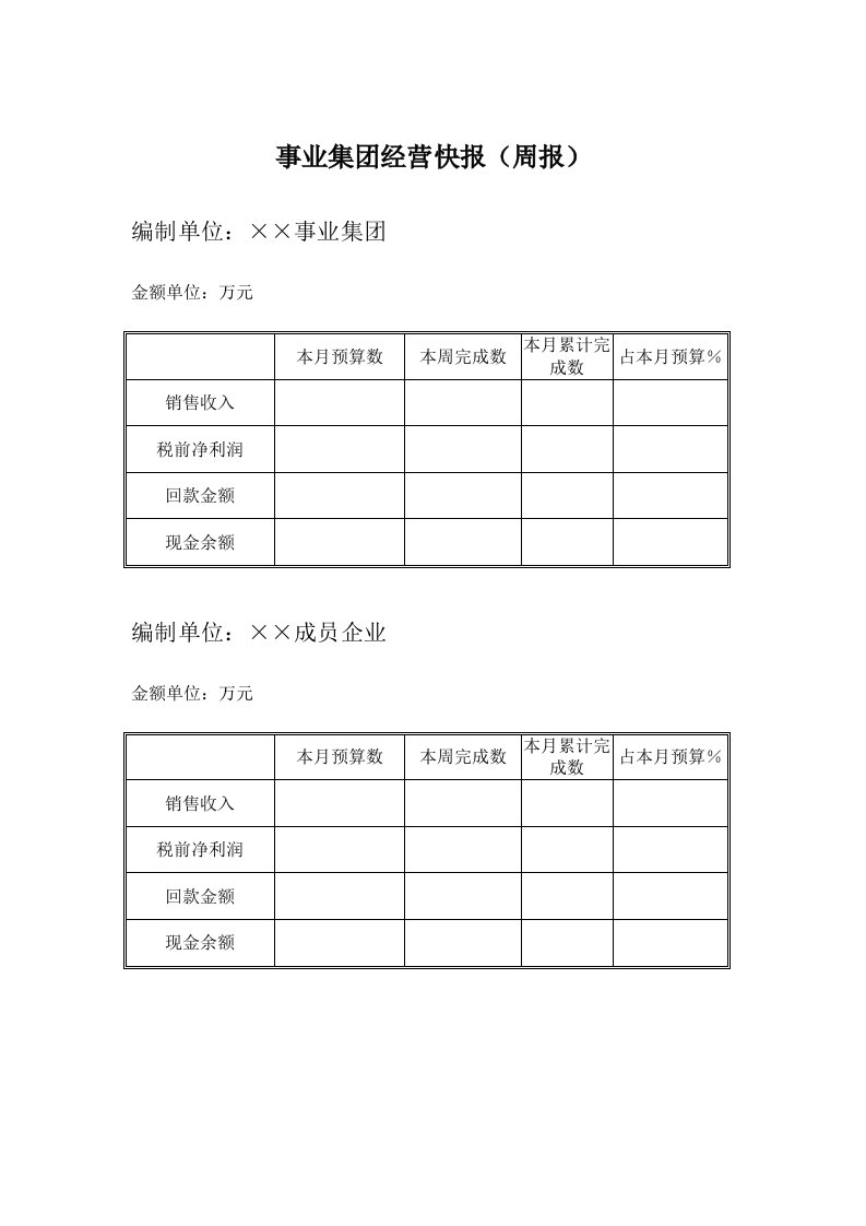 亿x事业集团经营快报模板-周月报(doc)-经营管理