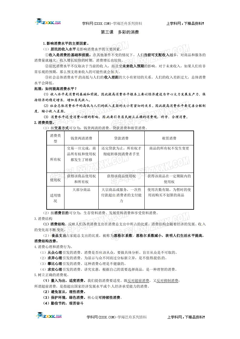 高三政治复习讲义：第三课多彩消费