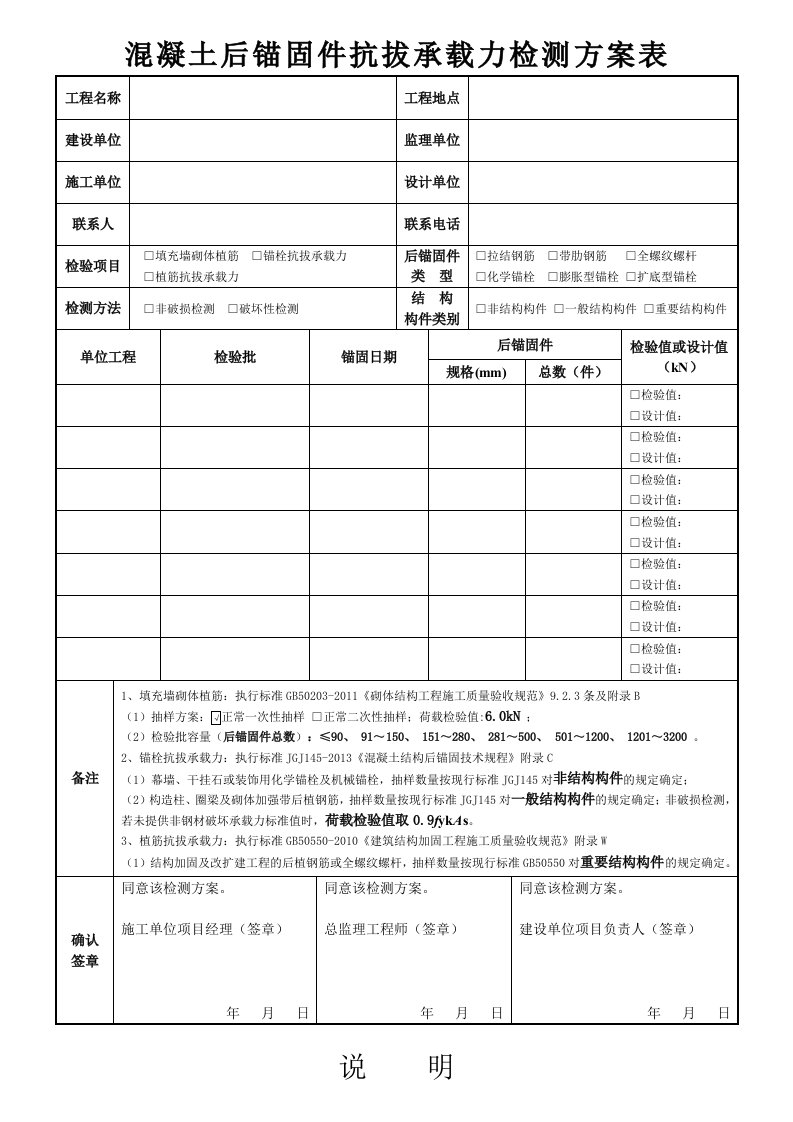 混凝土后锚固件抗拔承载力检测方案表