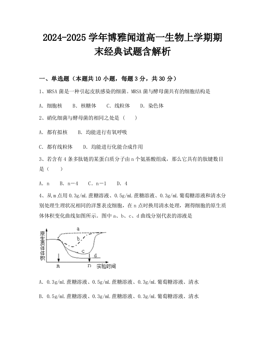 2024-2025学年博雅闻道高一生物上学期期末经典试题含解析