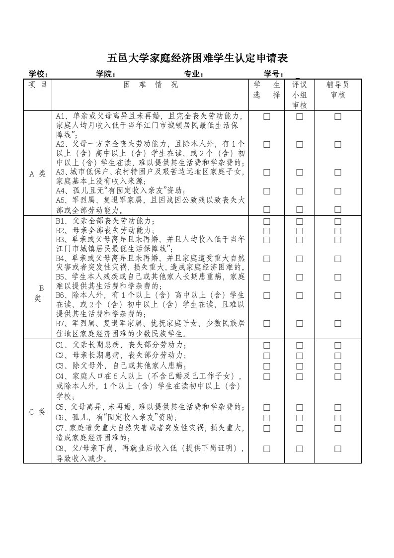 五邑大学家庭经济困难学生认定申请表