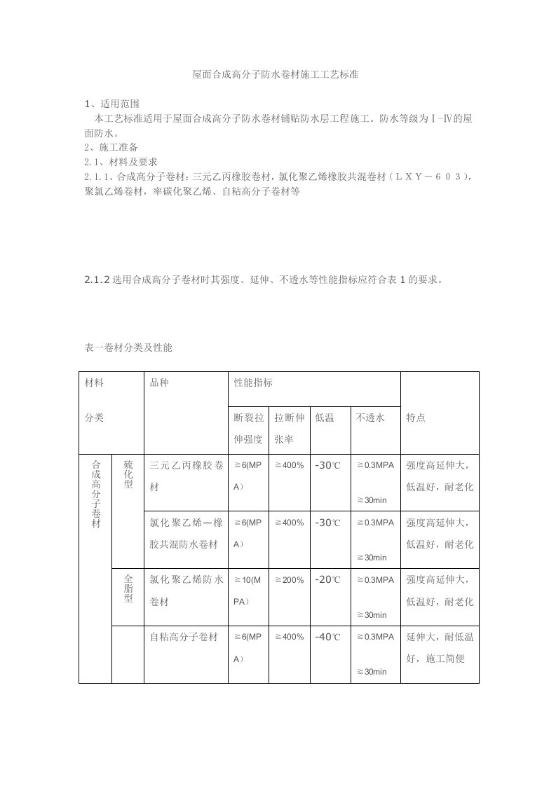 屋面合成高分子防水卷材施工工艺标准