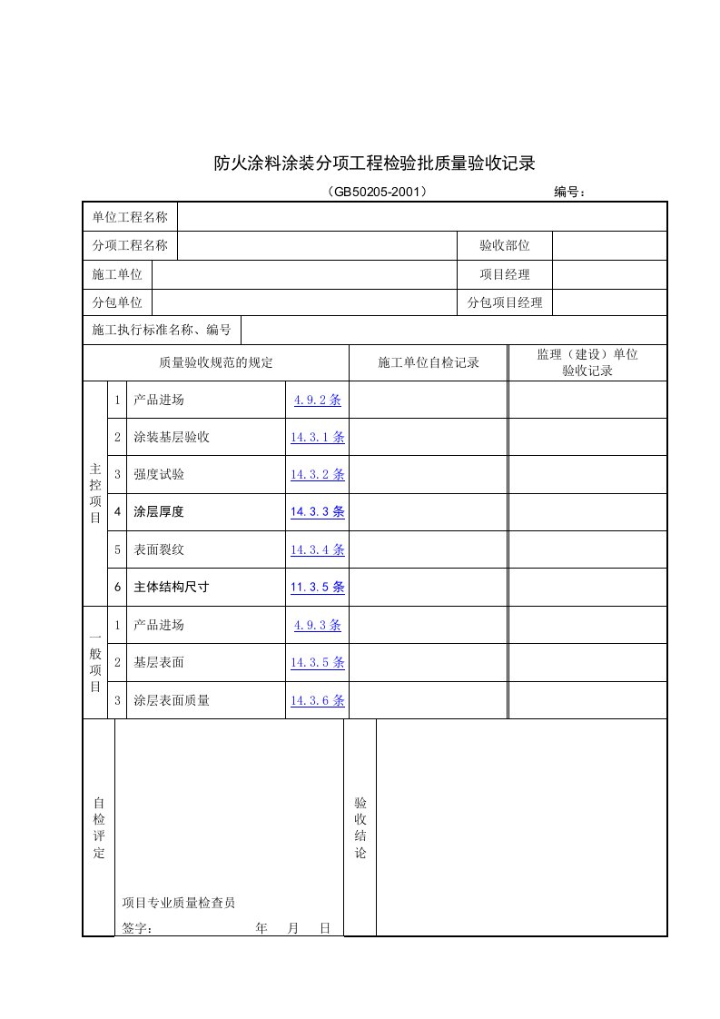 【管理精品】防火涂料涂装分项工程检验批质量验收记录