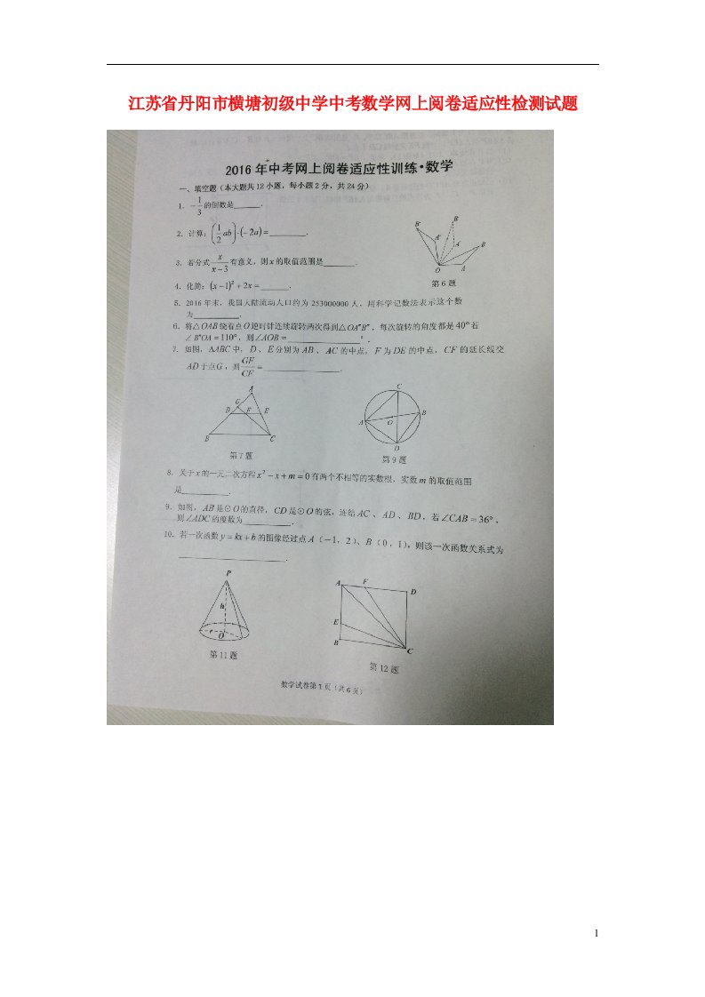 江苏省丹阳市横塘初级中学中考数学网上阅卷适应性检测试题（扫描版）