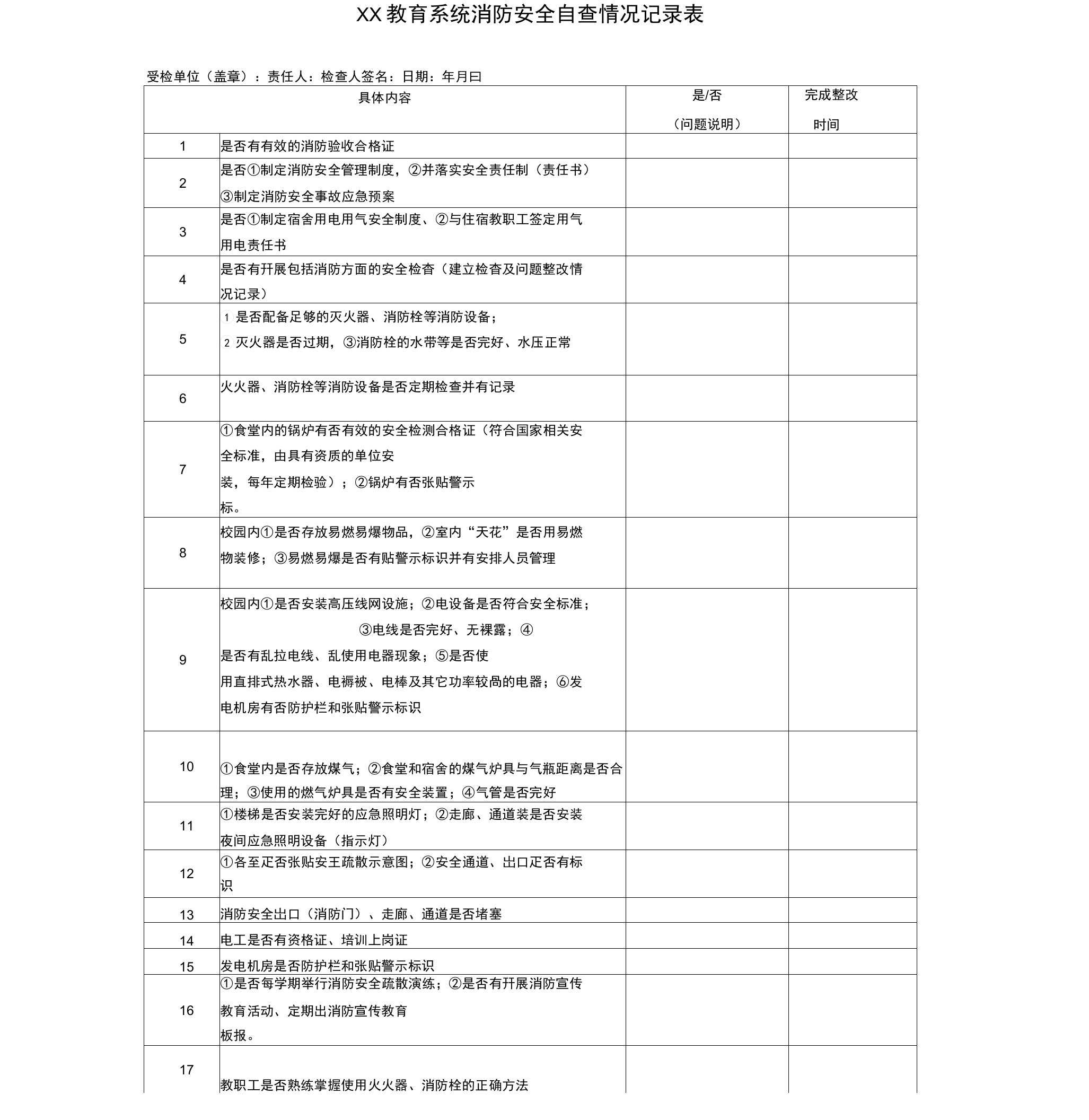 消防安全自查情况记录表