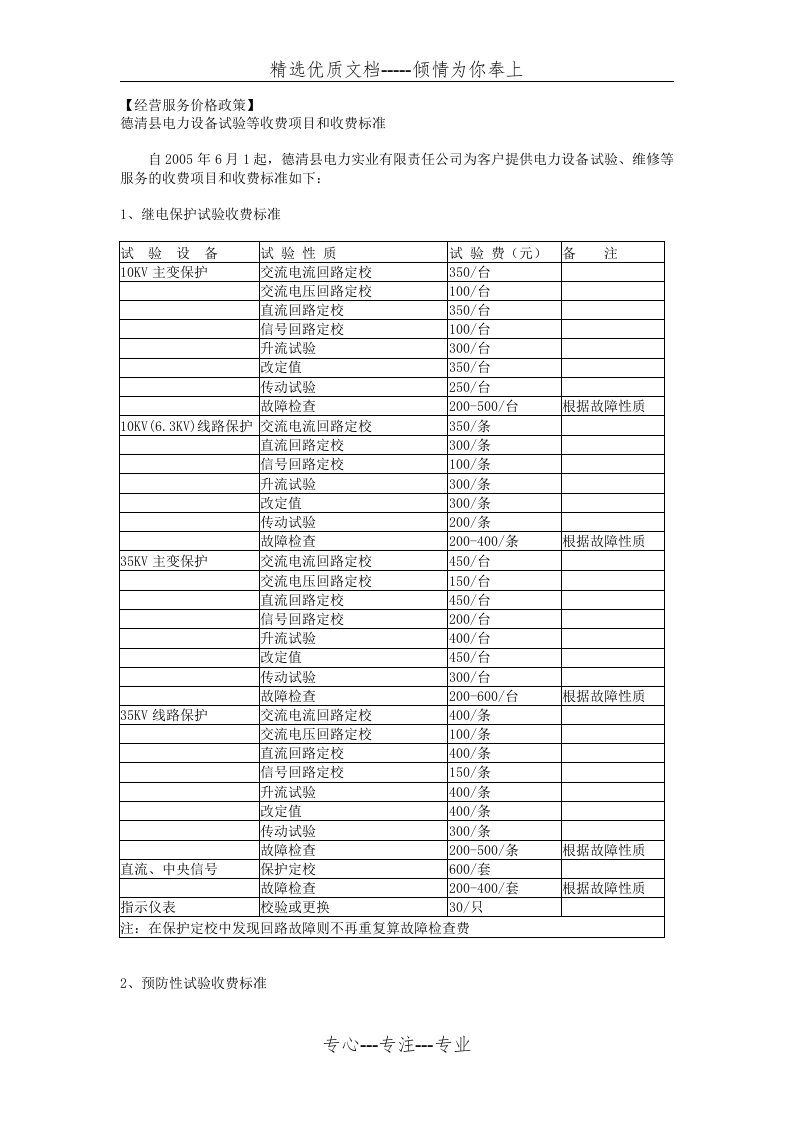 电力设备试验等收费项目和收费标准(共6页)