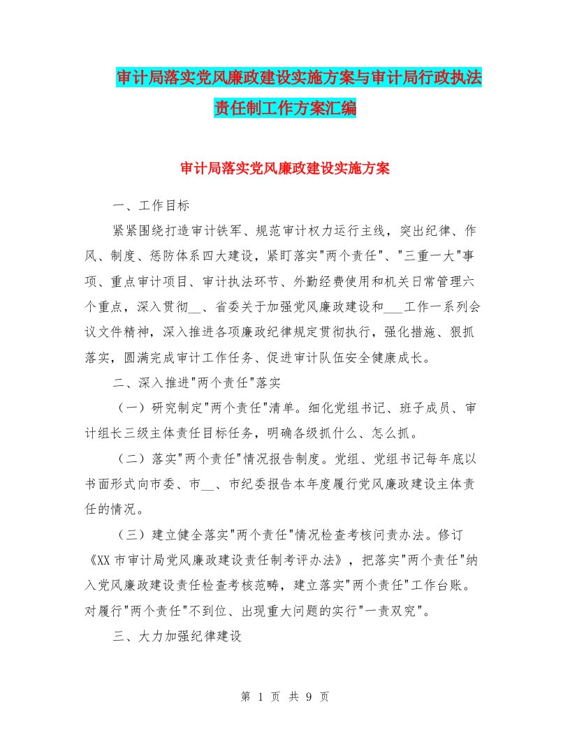 审计局落实党风廉政建设实施方案与审计局行政执法责任制工作方案汇编