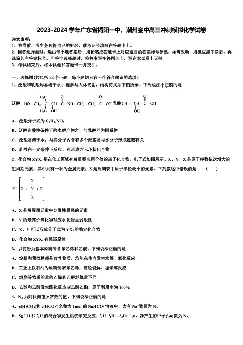 2023-2024学年广东省揭阳一中、潮州金中高三冲刺模拟化学试卷含解析