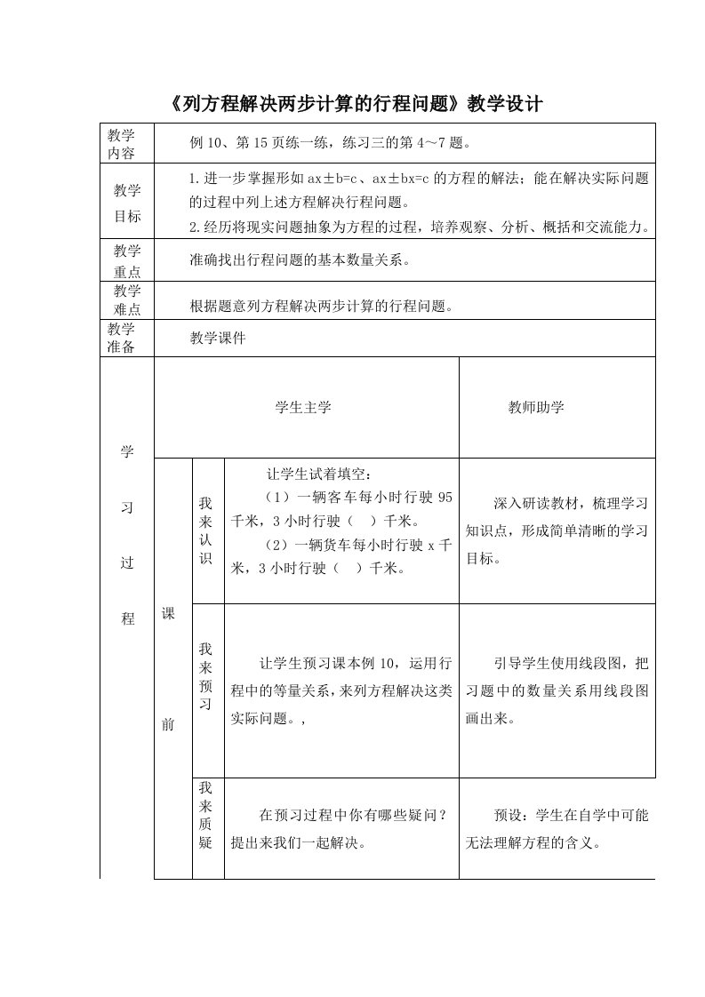 《列方程解决两步计算的行程问题》教学设计