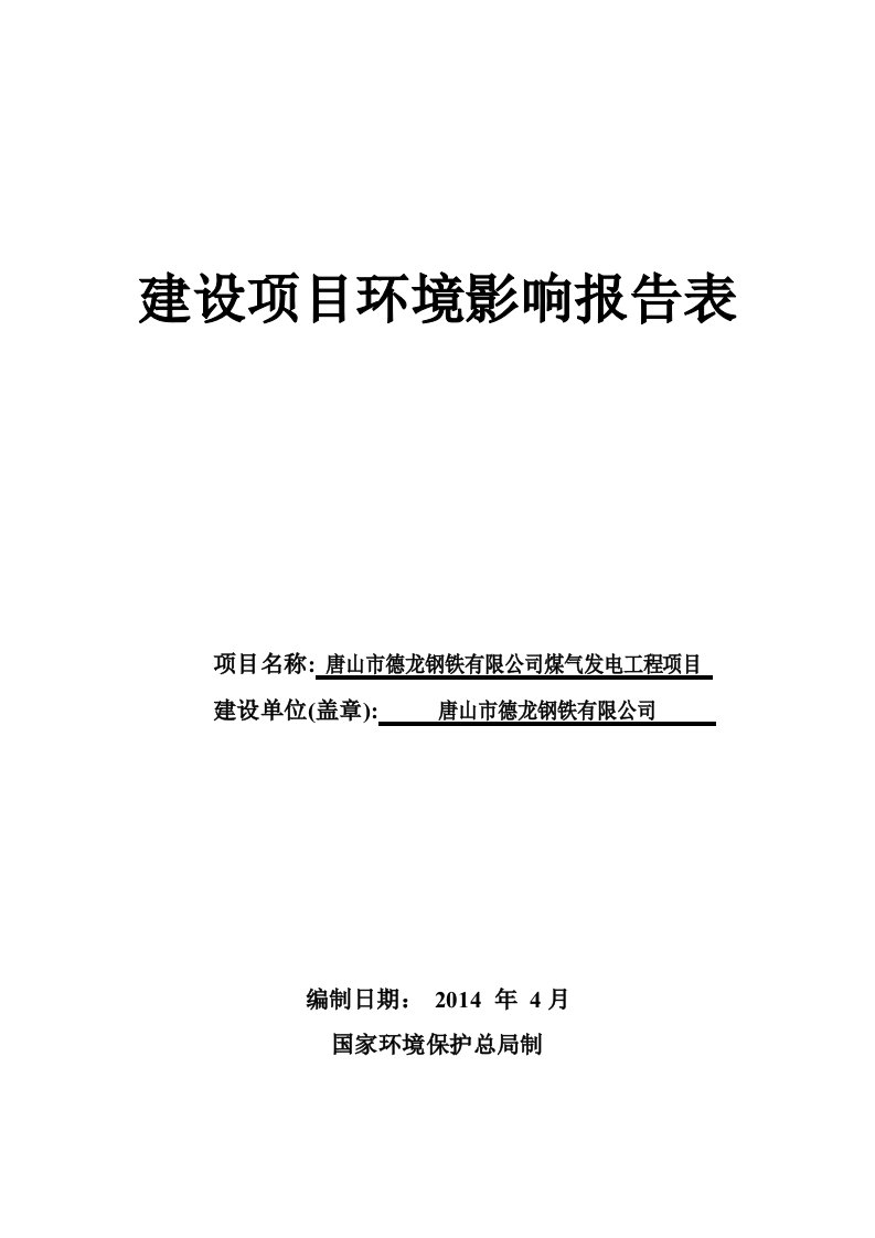 德龙钢铁有限公司煤气发电工程项目立项建设环境影响情况评价评估报告书