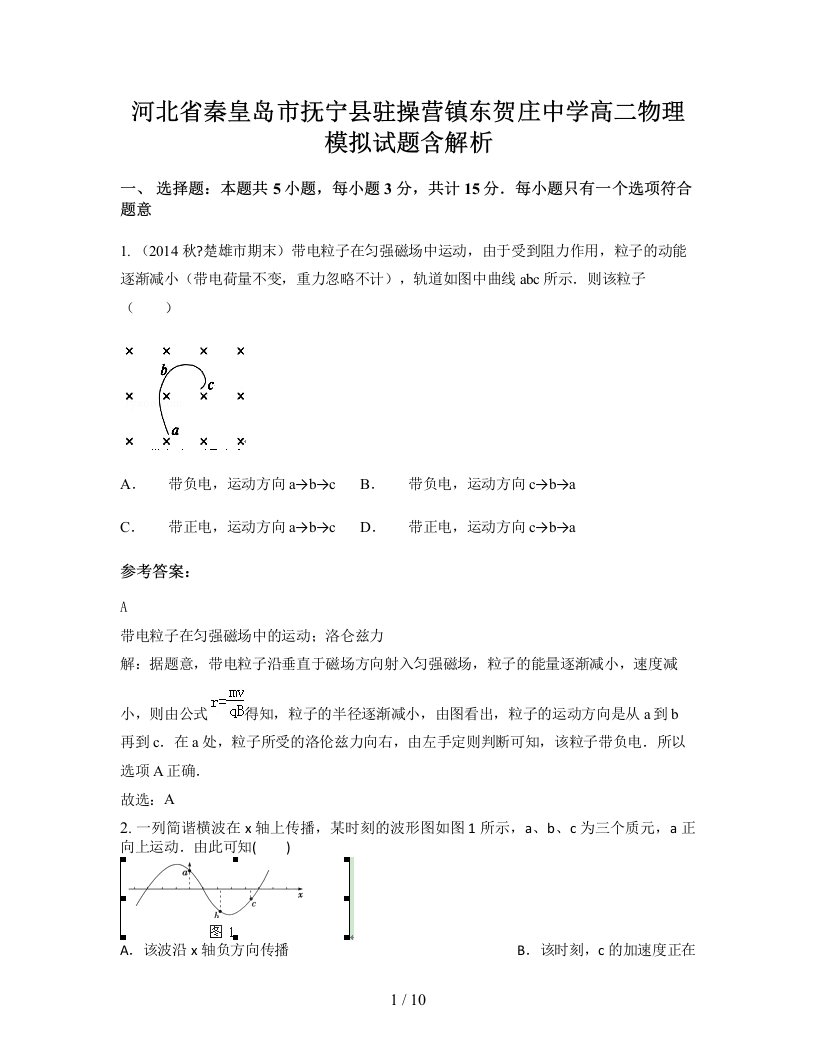 河北省秦皇岛市抚宁县驻操营镇东贺庄中学高二物理模拟试题含解析