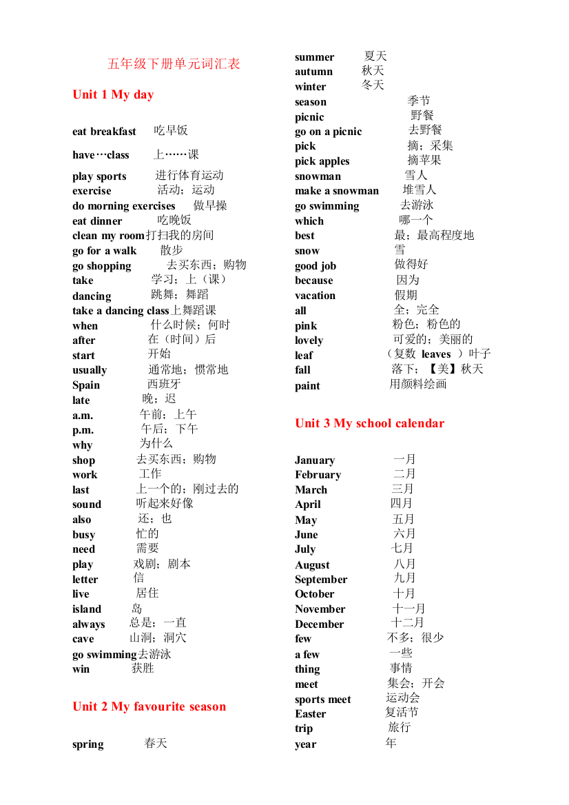 PEP新版小学五年级下册单词表-共2页